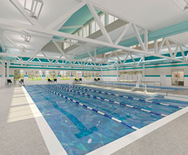 Rendering of an indoor swimming pool.