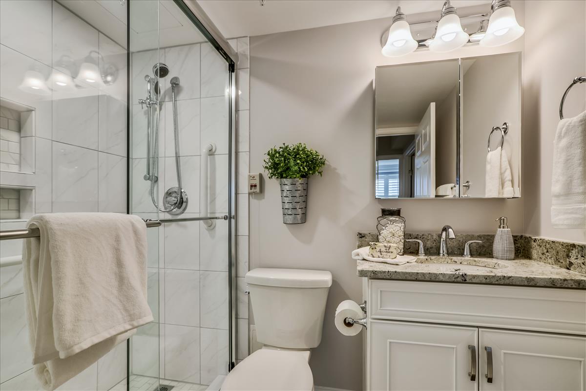The James bathroom with sink and shower.